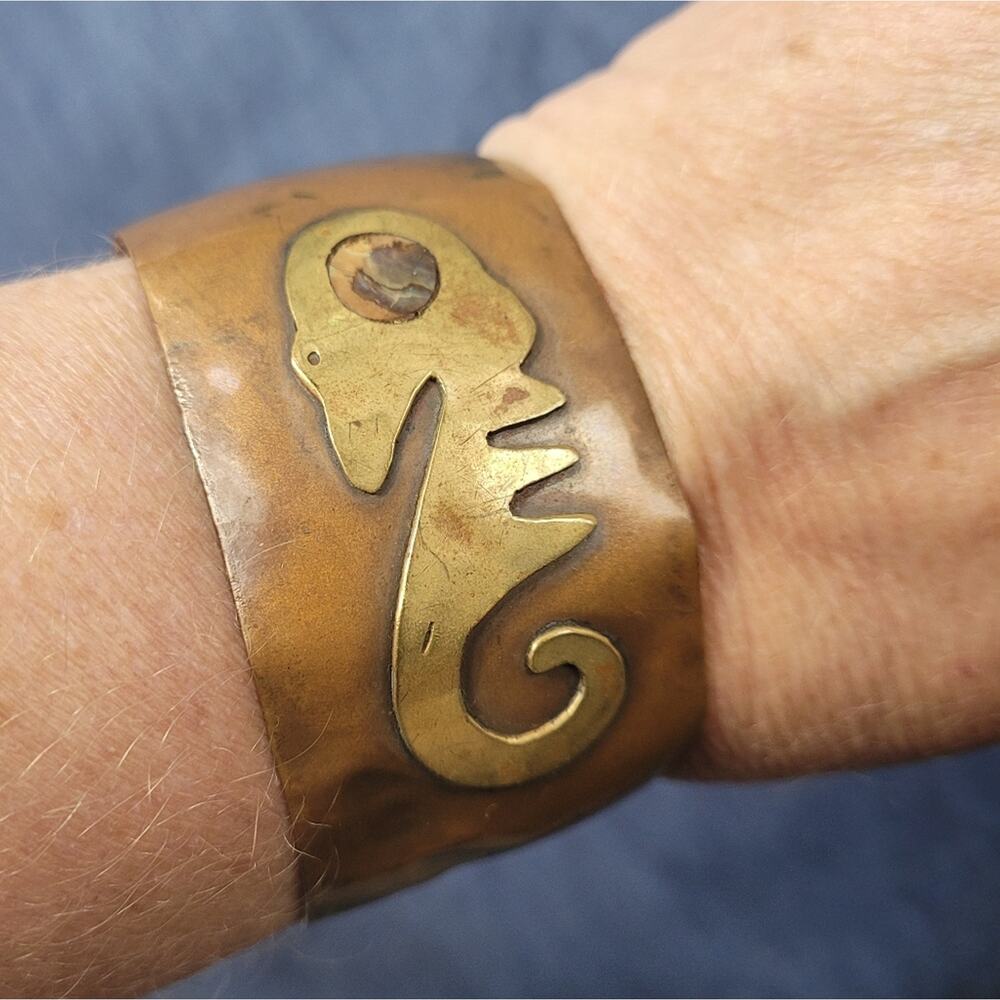 Primitive Seahorse Copper, Brass & Abalone Cuff Bracelet - Picture 3 of 8